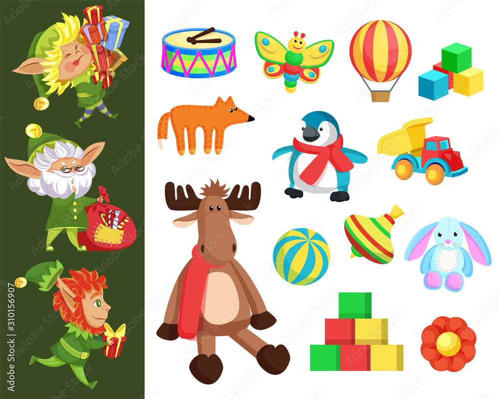 Christmas gifts and elves with presents, Santa helpers and toys. Drum and butterfly, cubes and air balloon, fox and penguin, truck and ball. Whirligig and flower, moose and bunny vector illustration