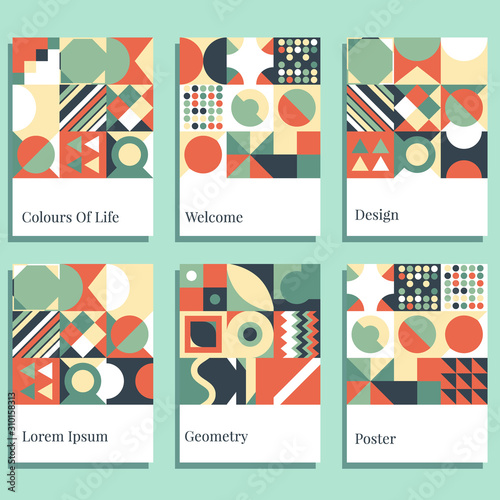 Colorful geometric shapes in motion background set. Applicable for gift card,cover,poster. Poster design. Retro covers set. vector illustration