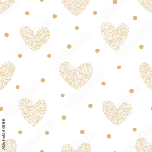 Vector seamless pattern with dotted texture heart shapes. Romantic golden decorative background for Valentine Day. Love hearty backdrop.