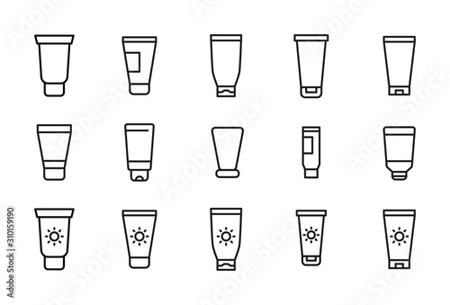 Stroke line icons set of sunscreen.
