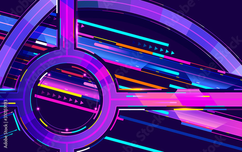 Futuristic night city. Cityscape on a dark background with bright and glowing neon purple and blue lights. Vector illustration