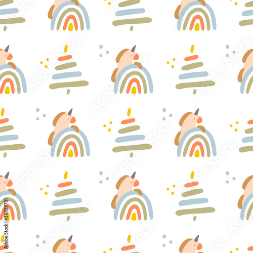 Unicorns and christmas tree seamless vector pattern.