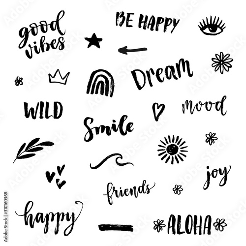 Vector icons set with text, inscription, quote, sticker, lettering, happy, mood, friends, hearts, rainbow, sun, crown, star, arrow, wave words. Teens doodle bachground