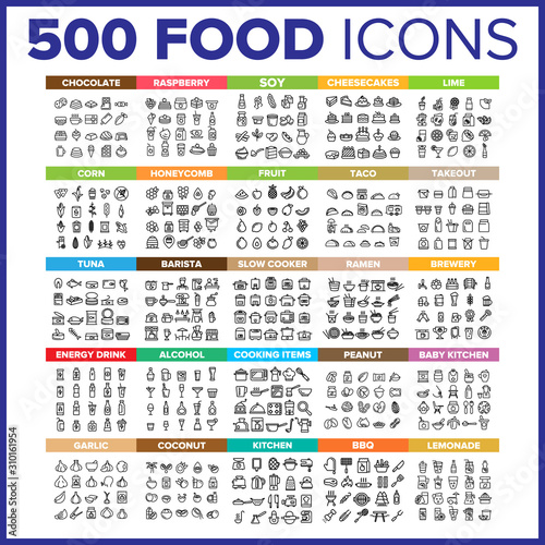 Food Icon Thin Line Big Set Vector. Food Symbol Package Bundle. Isolated Sign For Web Design Illustrations