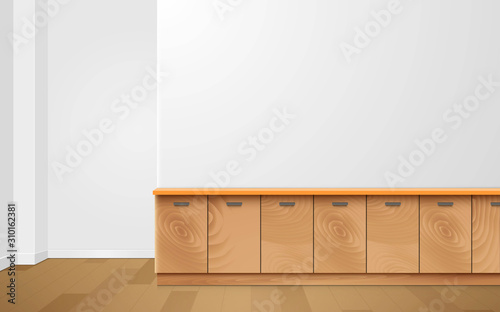 wooden cupboard in the white kidchen