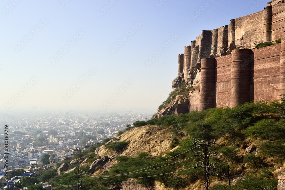 Mehrangarh Fort and view to the Blue City. Jodhpur, Rajasthan, India.