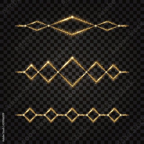 Decorative design elements with gold glow effect. Golden glitter, sparkles, light particles. For dingbat or separator, geometric shape. Vector illustration, isolated objects..