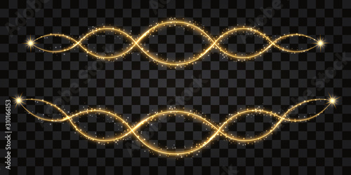 Golden glow waves with neon shine, sparkles, stars and glitter particles. Golden borders, dingbats, abstract dynamic shapes. Vector illustration on transparent background