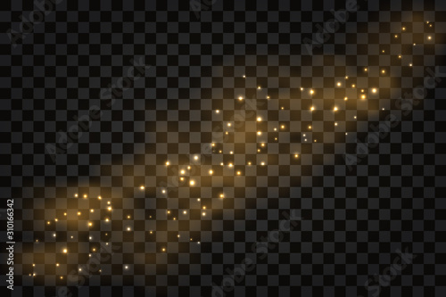 Golden smoke with glow effect. Abstract gold fog with light sparkles, star dust, glitter. Vector illustration