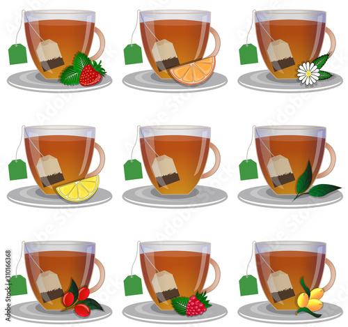 Set of cup of tea. Tea bag. Green tea, tea with sea buckthorn, lemon, cranberries, orange, strawberries, raspberries and chamomile.