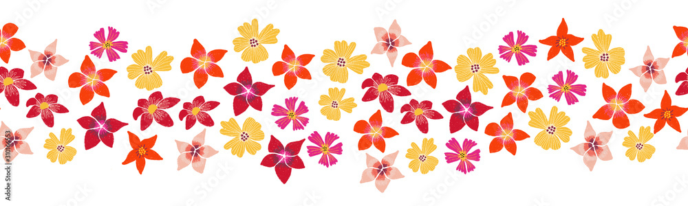 Seamless border Flowers pink red orange yellow. Repeating floral pattern horizontal. Repeat tile Narcissus, Daffodil, Buttercup. Hand drawn spring summer design for decor, ribbons, cards, fabric trim