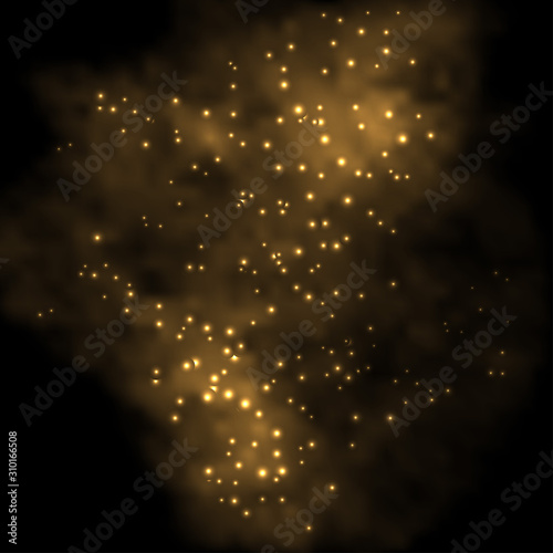 Golden smoke with glow effect. Abstract  background with gold mist, light sparkles, star dust, glittering. Vector illustration