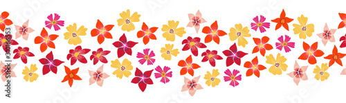 Seamless border Flowers pink red orange yellow. Repeating floral pattern horizontal. Repeat tile Narcissus, Daffodil, Buttercup. Hand drawn spring summer design for decor, ribbons, cards, fabric trim
