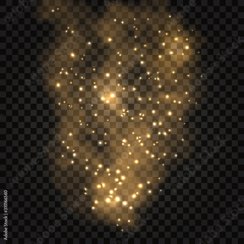 Abstract fractal gold smoke with light glowing effect, shiny particles, star shimmer. Golden foq on dark transparent background. Vector illustration.