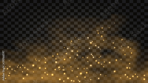 Golden smoke with glow effect. Abstract gold fog with light sparkles, star dust, glitter. Vector illustration
