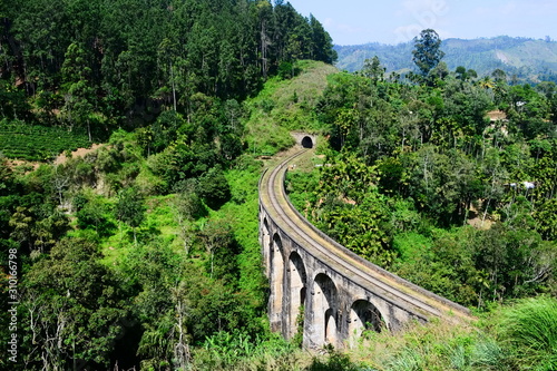 The Nine Arches Bridge in Demodara - one of the most famous old stone bridge in colonial style built by the British. Popular travel destination in Ella, Sri Lanka