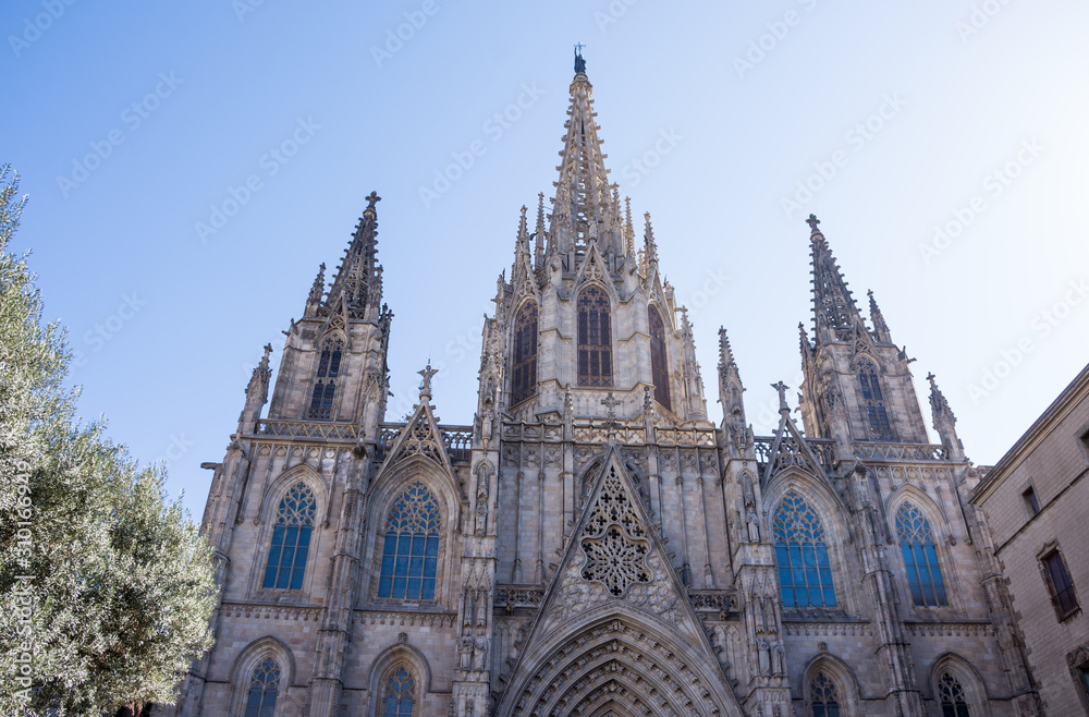 Close up of the Gothic Cathedral of the Holy Cross and Saint Eulalia (Catedral de la Santa Cruz y Santa Eulalia) in Gothic Quarter in Barcelona