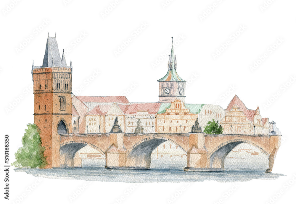 The Charles Bridge. Prague. Handpainted watercolor illustration isolated on a white background.