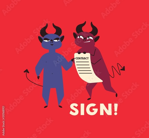 Contract with devil flat vector illustration. Signing agreement with satan. Horned monster offering dangerous treaty. Deceitful business deal, fraud concept. Selling soul to devil metaphor.