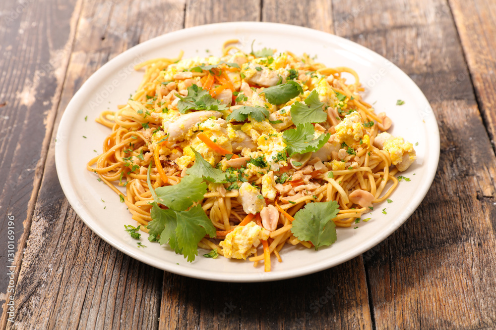 fried noodles with fried egg, peanut, vegetable and coriander fried noodles with fried egg, peanut, vegetable and coriander