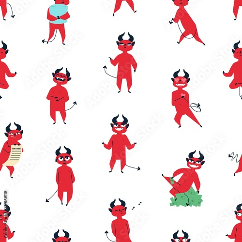 Funny red devil flat vector seamless pattern