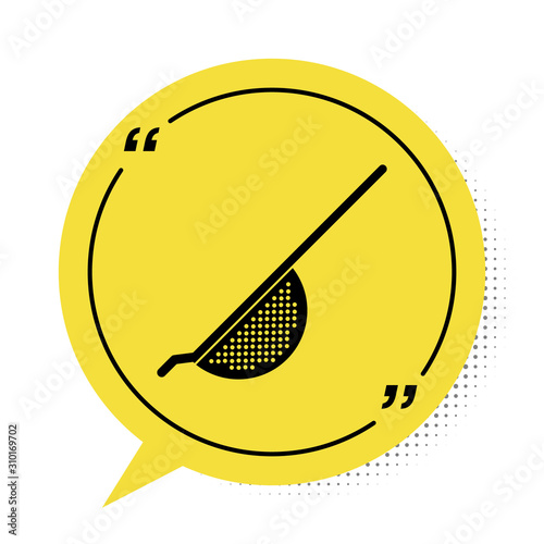 Black Kitchen colander icon isolated on white background. Cooking utensil. Cutlery sign. Yellow speech bubble symbol. Vector Illustration