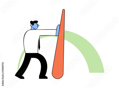 Benchmarking, business concept vector illustration. Strong Businessman pushing needle indicator.