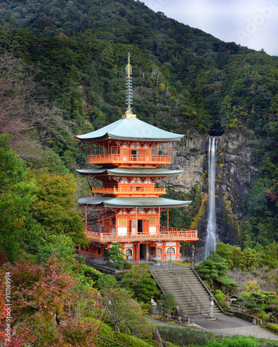 Beautiful view of Nachisan Seigantoji temple and Nachi no Taki waterfall at Nachi Katsuura Town