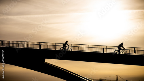 A bike-rider drive down the bridge in the late backlight sun near Cologne