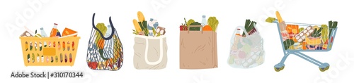 Shopping bags and baskets flat vector illustrations set. Grocery purchases, paper and plastic packages, turtle bags with products. Natural food, organic fruits and vegetable. Department store goods. photo