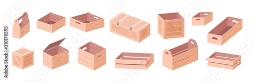 Wooden boxes vector isometric illustrations set. Toolkit box and crates isolated on white background. Empty wooden containers, timber caskets, natural material packaging illustrations collection.
