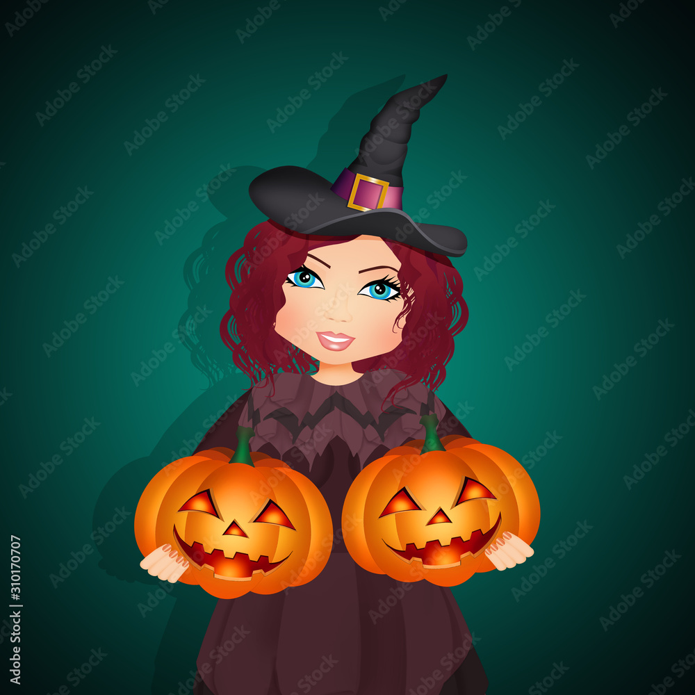 illustration of Halloween witch with two pumpkins illustration of Halloween witch with two pumpkins