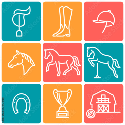 Equestrian sport  icons vector set. Horses color symbols.