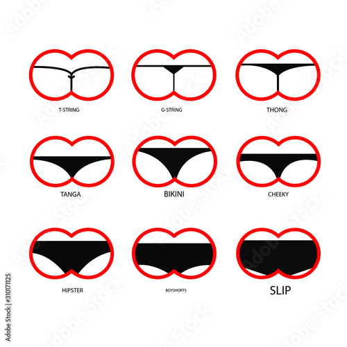 Types of women's panties. Set of underwear - slip, t-string, g-string, thong, tanga, bikini, cheeky, hipster, boyshorts. Vector illustration