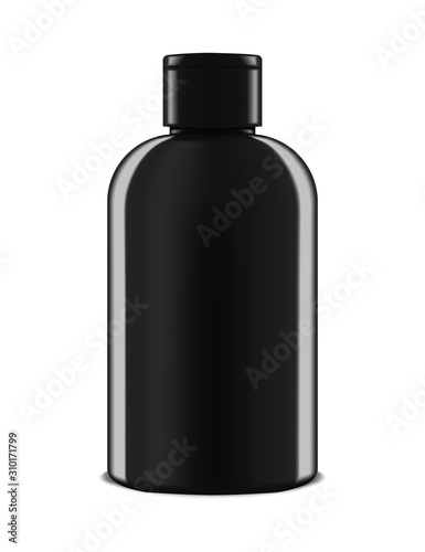 Black cosmetic bottle with flip cap isolated on white background, realistic mockup. Men lotion container, vector mock-up