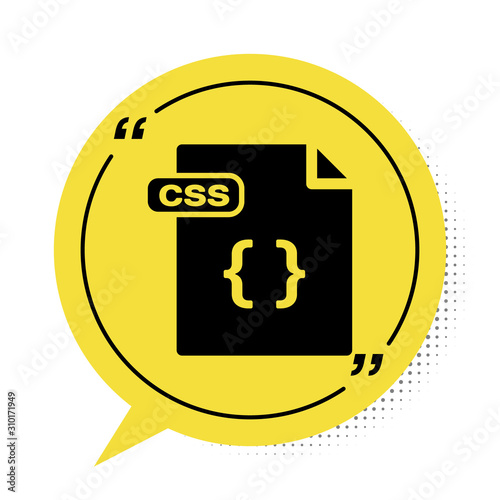 Black CSS file document. Download css button icon isolated on white background. CSS file symbol. Yellow speech bubble symbol. Vector Illustration