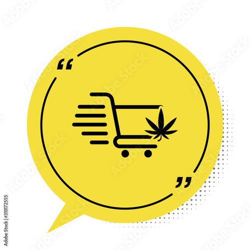 Black Shopping cart with marijuana or cannabis leaf icon isolated on white background. Online buying. Delivery service. Supermarket basket. Yellow speech bubble symbol. Vector Illustration