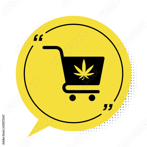Black Shopping cart with marijuana or cannabis leaf icon isolated on white background. Online buying. Delivery service. Supermarket basket. Yellow speech bubble symbol. Vector Illustration