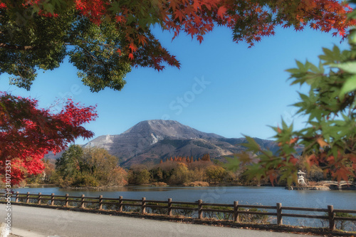 滋賀県米原市の三島池の秋景色と伊吹山を望む