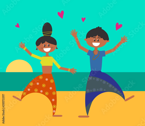 Man and woman together on a background of the sea. Cartoon. Vector illustration.