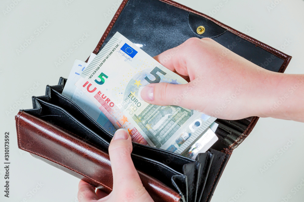 wallet with euro bills - obrazy, fototapety, plakaty 