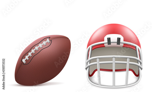 Rugby ball and red helmet with facemask and pad isolated on white background. Vector realistic set of sport equipment for american football
