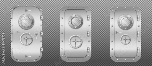 Metal door with porthole window in submarine, ship or spacecraft. Vector realistic bunker or laboratory closed stainless entrance with rotary valve lock wheel isolated on transparent background