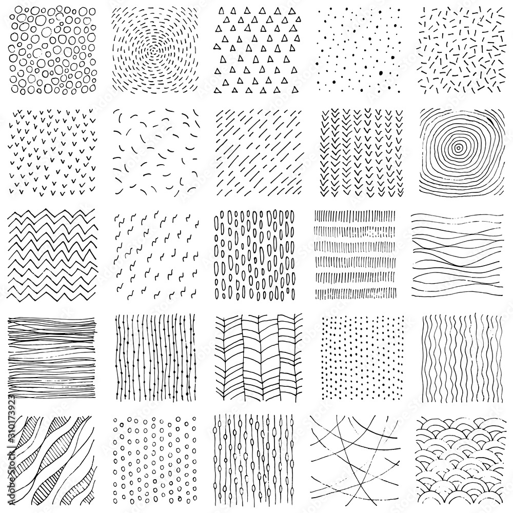 © flovie - Set of square texture in doodle style. Handwork in pencil on paper. Vector illustration.