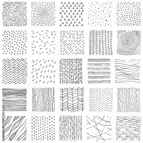 Set of square texture in doodle style. Handwork in pencil on paper. Vector illustration.