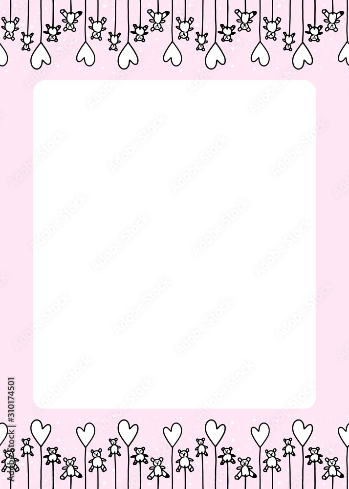 Pink postcard frame for girls. Cute vector stock illustration. Bears and hearts. Copy space.