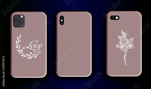 Vector set template - smartphone cases with stylish print design. Vector mock up smartphone. Beautiful botany prino style - bouquet and twig
