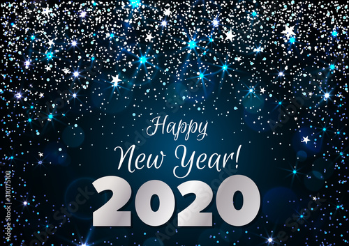 Happy New Year 2020 greeting banner. Festive background with colorful confetti, party popper and sparkles. Vector