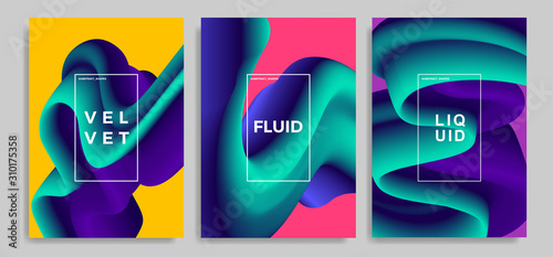 Set of trendy abstract design templates with 3d flow shapes. Dynamic gradient composition. Applicable for landing pages, covers, brochures, flyers, presentations, banners.