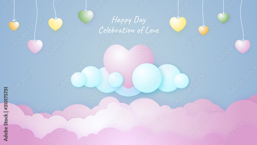 Valentine day greeting card with pink heart color above the clouds. Love card for valentine.